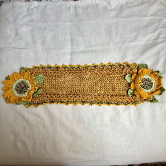 Handmade Crochet Table Runner With Raised 3D Sunflower Motifs And Braided Detail - Picture 2 of 10